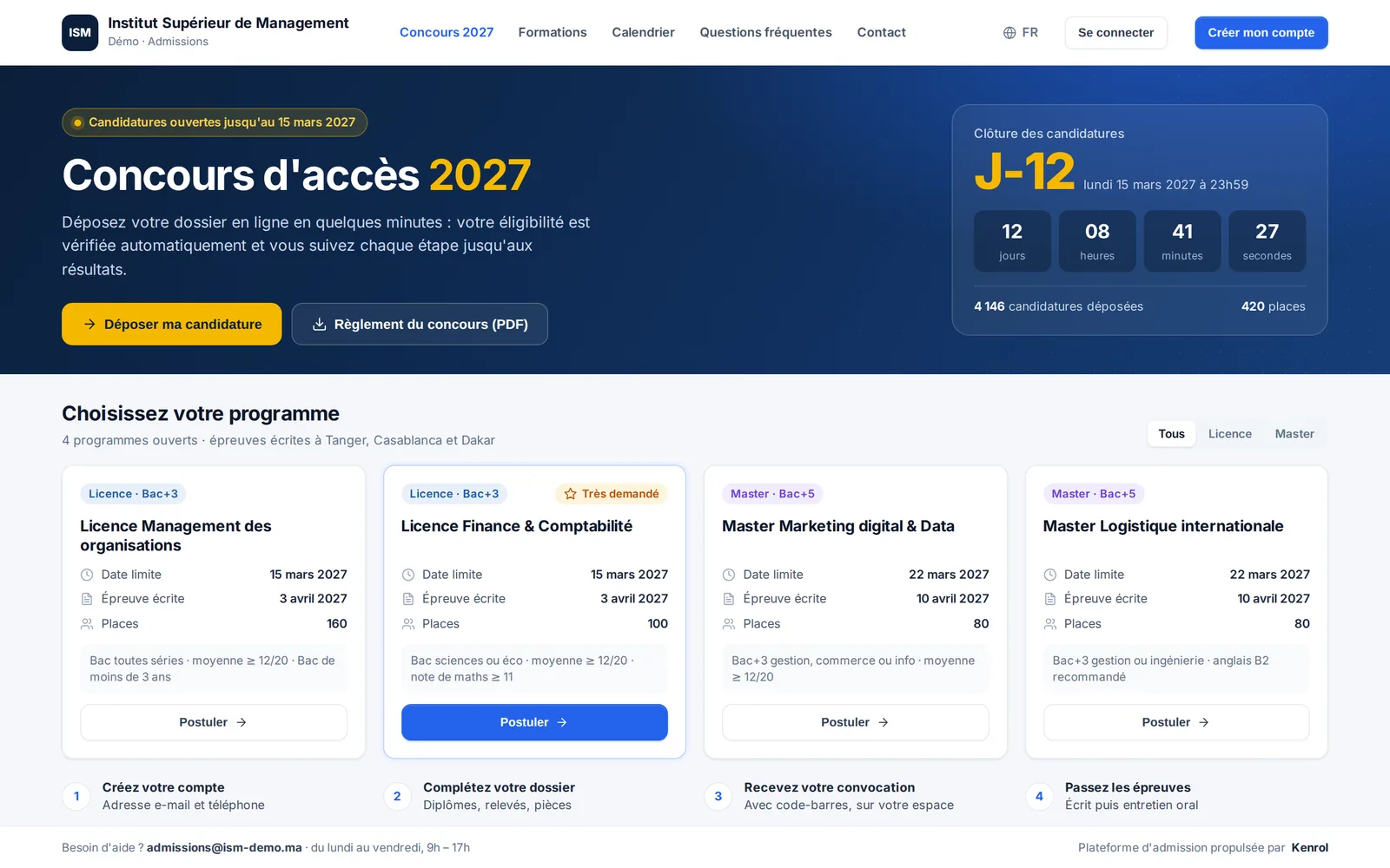 La page de campagne aux couleurs de l'établissement : formations ouvertes, conditions d'accès, dates clés.